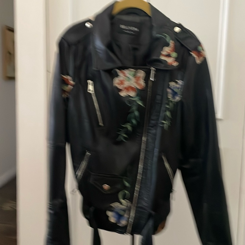 Faux leather embroidered biker jacket